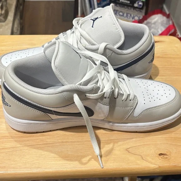 Nike Air Jordan 1 Low - White, Light Gray & Navy Swoosh